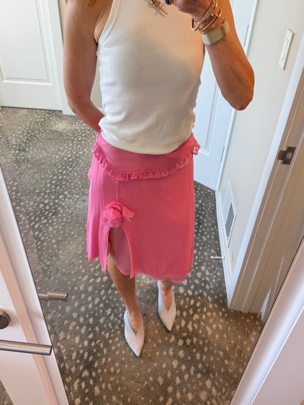 Blumarine Carrie Bradshaw Pink Silk sheer Skirt with Rosette, slit & Ruffle Trim